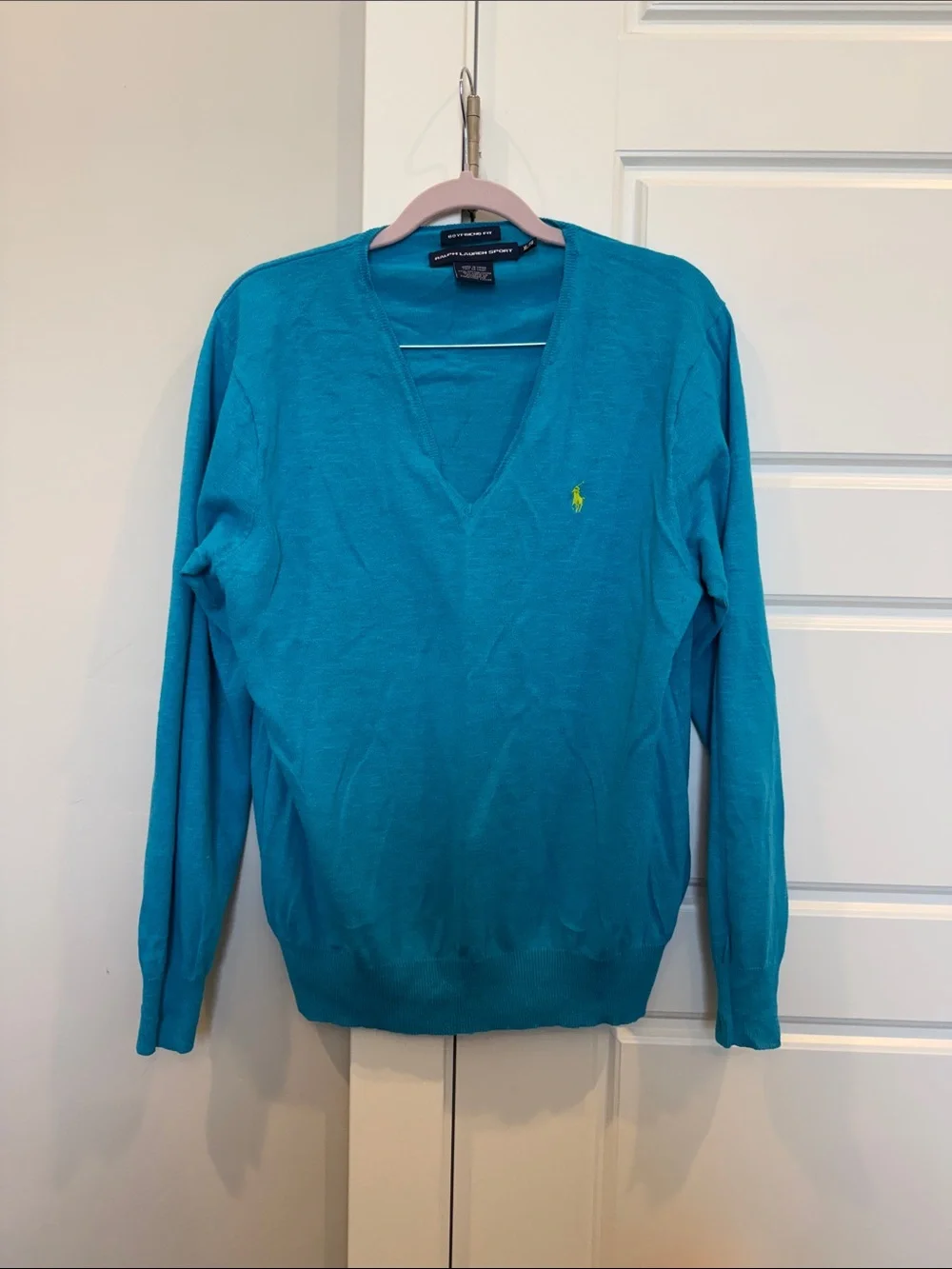 Ralph Lauren V-Neck Cotton Sweater - Teal Blue with Yellow Polo Logo